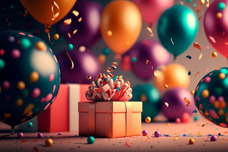 Balloons for party decoration. Birthday party background with decoration, balloon, confetti, serpentine, birthdayの素材