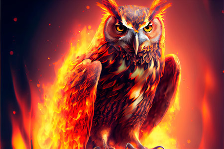Owls in a bright flame of fire. owl portrait animalの素材