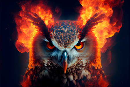 Owls in a bright flame of fire. owl portrait animalの素材