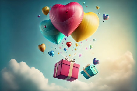 Valentine's Day box and balloon on color background. love, romanceの素材