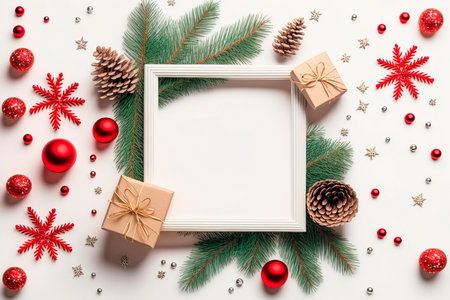 Christmas frame made of fir branches, red berries. christmas wallpaper. Flat lay, top viewの素材