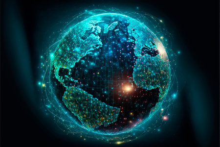 Global communication network around planet Earth in space. Global network connection covering the earth with lines of innovative perception.の素材