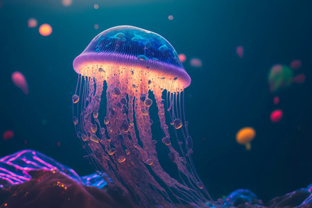Beautiful color of jellyfish underwater. Jellyfish dancing in the dark blue ocean water.の素材