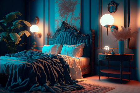 Bedroom interior with double bed, plants, carpet and gallery on wall above bedの素材