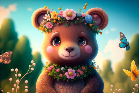 Teddy bear on a beautiful nature with a wreathの素材