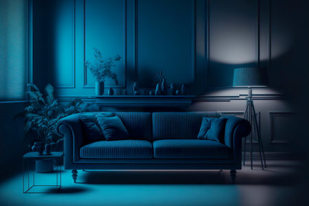 Photo interior of living room with sofa on empty dark blue wallの素材