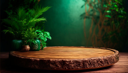 Tropical green floral background, for product display and presentation, Wooden tableの素材
