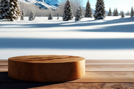 Winter snow landscape with wooden table in front.の素材