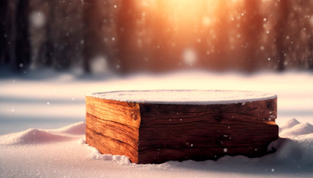 Winter snow landscape with wooden table in front.の素材