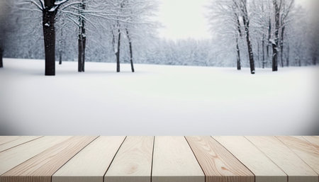 Winter snow landscape with wooden table in front.の素材