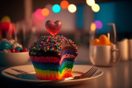 Homemade cupcake beautiful. happy birthday. Cake or muffin with cream icing, frosting, bright colored sprinkles, candy.の素材