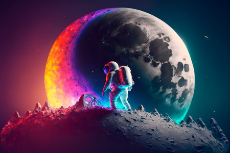 Colorful Space Background. Astronaut on a rocket on the background of the moon and space.の素材