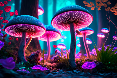 Fantastic wonderland forest landscape with mushrooms and flowers.の素材