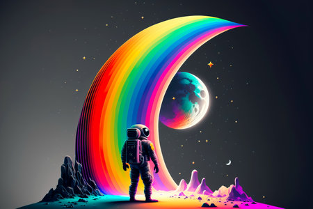Colorful Space Background. Astronaut on a rocket on the background of the moon and space.の素材