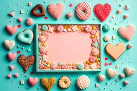 Frame made of sweets, hearts, gift boxes, red decorations, sparkles and confetti for Valentine's Day Love, Generative AIの素材