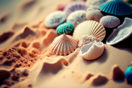 Summer holidays. Beautiful seashells and starfish on beach sandの素材