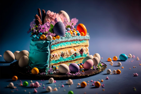 Easter cake with colorful eggs around on a blue backgroundの素材