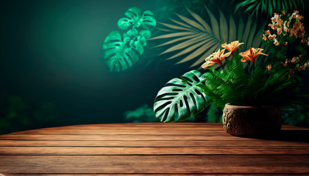 Tropical green floral background, for product display and presentation, Wooden tableの素材