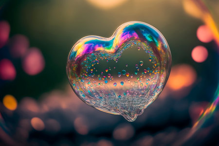 Flying heart shaped shiny soap bubbles, Generative AIの素材