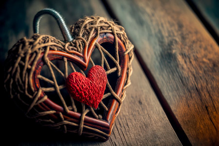 Wicker heart and vintage key on wooden background.Generative AIの素材