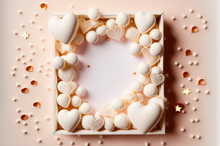 Frame made of sweets, hearts, gift boxes, red decorations, sparkles and confetti for Valentine's Day Love, Generative AIの素材