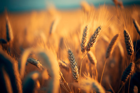 Rural landscape.Background of ripening ears of wheat field and sunlight. Ripe wheat on field. Generative AIの素材