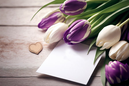 Spring tulip flowers, Paper card on Wooden table from above .Generative AIの素材