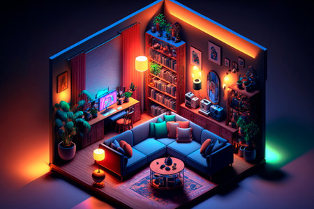 3d isometric living room , Isometric living room with sofa, table cupboardの素材