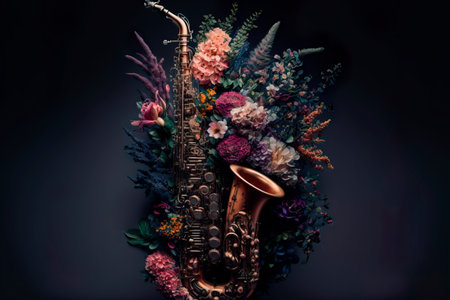 Saxophone in flowers, isolated on black, creative concept. Generative AIの素材
