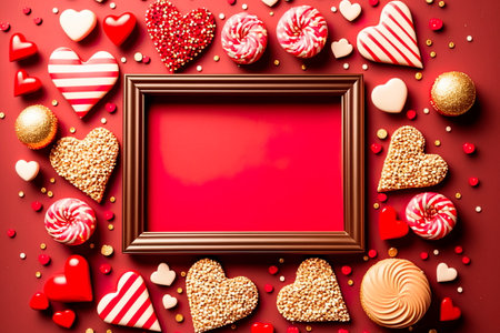 Frame made of sweets, hearts, gift boxes, red decorations, sparkles and confetti for Valentine's Day Love, Generative AIの素材