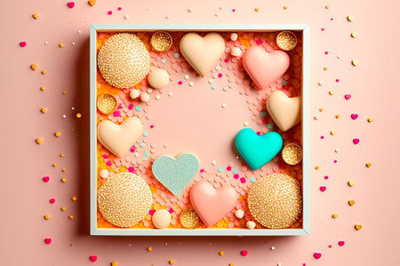 Frame made of sweets, hearts, gift boxes, red decorations, sparkles and confetti for Valentine's Day Love, Generative AIの素材