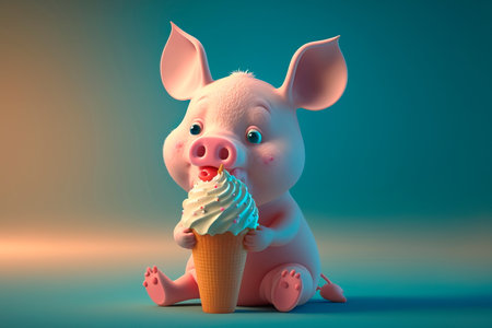 Baby pig Eating Ice Cream in Waffle Coneの素材
