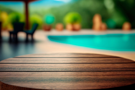 Empty wooden table in the summer backyard.の素材