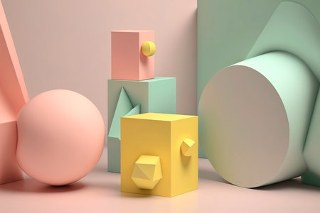 Abstract background and decoration scene template. Minimal product podium stage with multicolor pastel color balloons in geometric shapeの素材