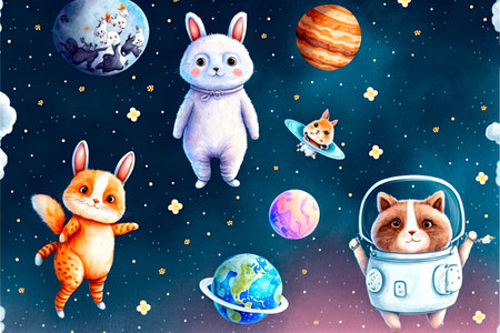 Space animals set. Astronaut in spaceship, cartoon animal.の素材