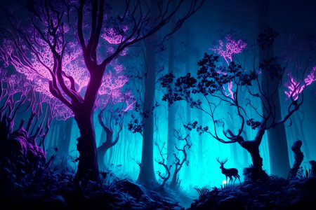 Night fantasy magical forest. Fantasy magical enchanted fairy tale landscapeの素材