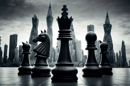 Chess figure in competition success play. strategy, management or leadership concept. town backgroundの素材