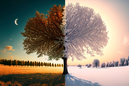 Summer and winter mating parts , Abstract collage with mixed different sides of tree with changing seasonsの素材