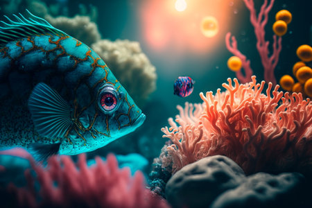 Animals of the underwater sea world. Coral reef and sea creatures,Digital art .の素材