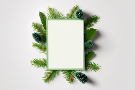 Christmas tree branches and paper card note frame on white background Generative AIの素材