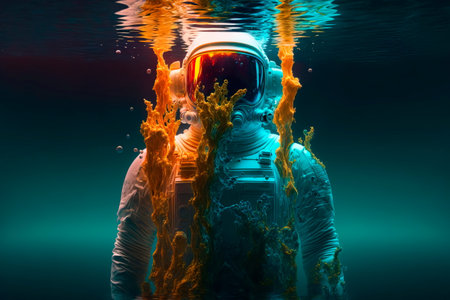 Astronaut Standing in Water the sea against background, Generative AIの素材