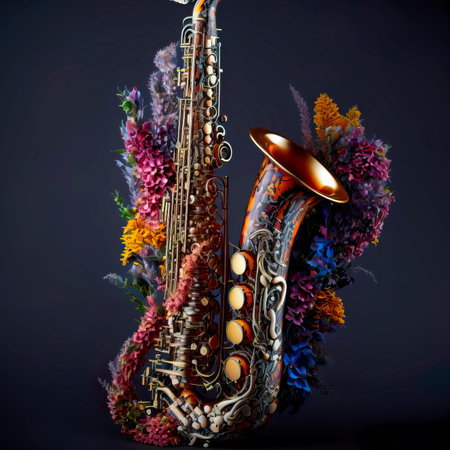 Saxophone in flowers, isolated on black, creative concept. Generative AIの素材