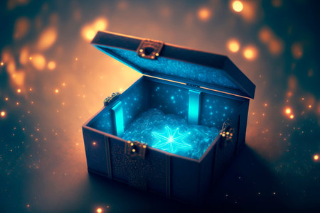 Realistic gift box with magical shining . Blue open gift box with magical lightの素材