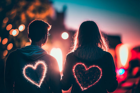 Heart shaped fireworks. Lovers couple background night city . Valentine Day. Generative AIの素材
