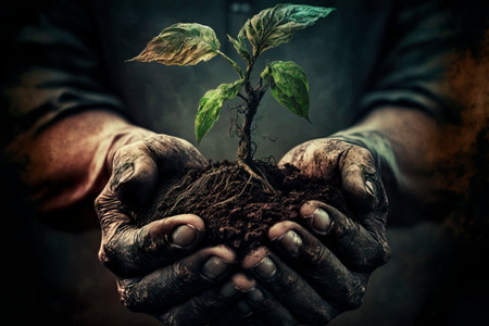 Hands holding and caring a young green plant, Generative AIの素材