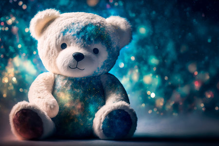 Teddy bear boy is sitting night stars background Generative AIの素材