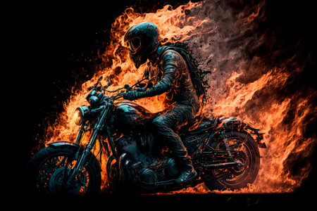 Fire motorbiker in dramatic dark scene. wallpaper. Generative AIの素材