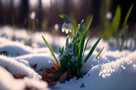 First spring flowers spring snowdrop flower, Generative AIの素材