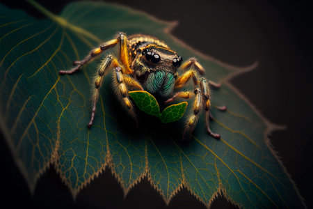 Close-up of a cute little spider on a leaf on a natural background Generative AIの素材