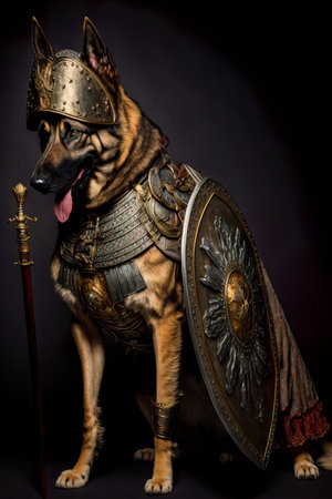 German shepherdt character concept with shield in ancient ages Generative AIの素材